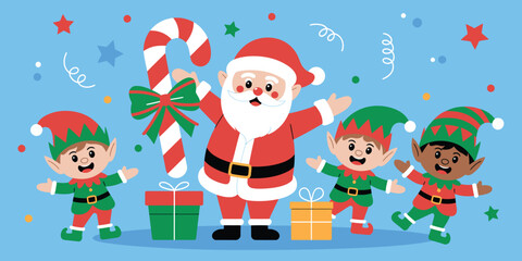 Santa Claus and Elves Jumping and Dancing – Adorable Holiday Characters with Presents and Ornaments – Flat Christmas Vector Set for Festive Designs and Seasonal Projects


