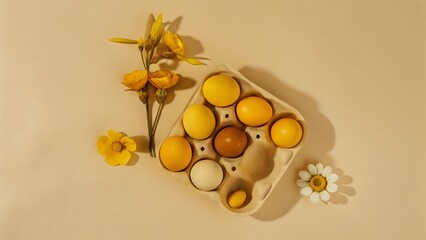 Pastel Yellow Easter Eggs in Carton with Daisies and Daffodils: Springtime Minimalist Flatlay