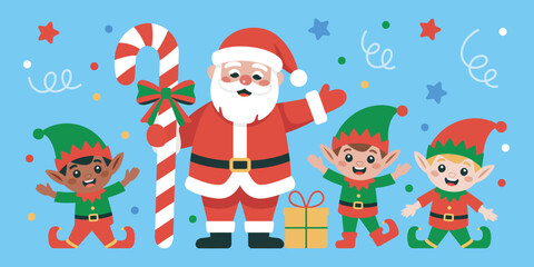 Fototapeta premium Joyful Christmas Elves and Santa Dancing – Cute Cartoon Characters with Holiday Gifts and Decorations – Fun Flat Vector Illustration of Santa’s Helpers in Festive Celebration