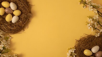 Pastel Easter Eggs in Nests with Spring Blossoms on Yellow Background