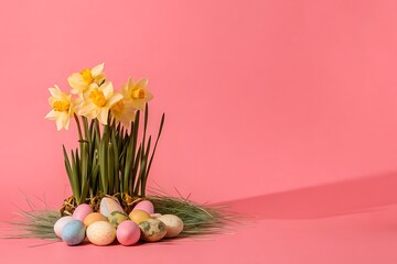 Pastel Easter Eggs and Daffodils on Pink Background: Spring Festive Minimalist Design