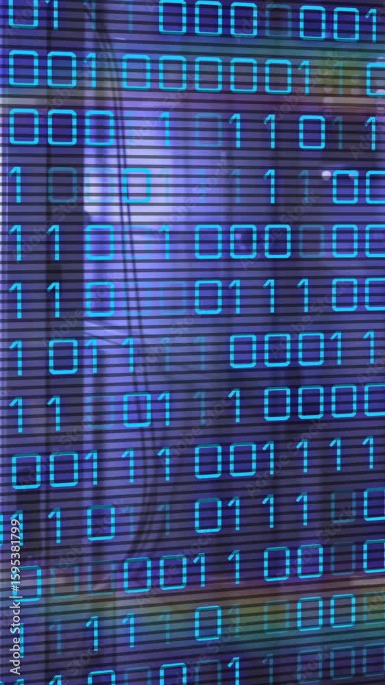Wall mural binary code overlaying cityscape, representing digital animation technology concept