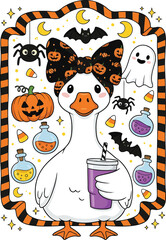 Adorable halloween goose wearing a bow with pumpkins and holding a purple drink