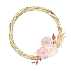 Watercolor round frame, wicker wreath with a bouquet of flowers. Frame with space for text and a composition with roses. Boho style. Beige and pastel colors. Wedding invitations and cards.