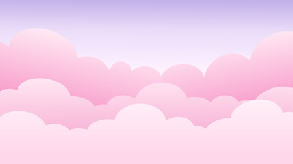 sky with pinkish cute clouds conceptual banner background with text space. Web border of clouds layers. Simple cartoon design. Stylish cartoon web banner with pink cloud on purple background.