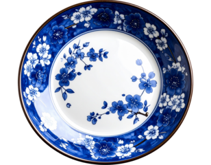 Elegant Porcelain Sushi Serving Plate with Indigo Motifs PNG