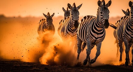 Dramatic Herd of Zebras Running at Sunset, Golden Dust, African Savanna, Wildlife Photography