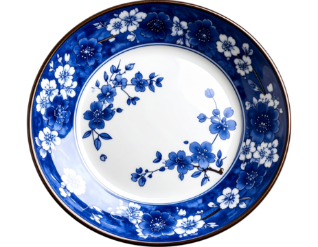 Elegant Porcelain Sushi Serving Plate with Indigo Motifs PNG