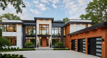 Fototapeta premium Contemporary Luxury Home with Wood Accents and Modern Elegance at Dusk