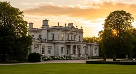 Obraz premium Grandeur Estate at Golden Hour: A timeless architectural elegance and a luxurious lifestyle