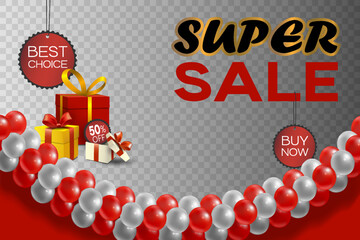 Black Friday sale banner with red and white balloons and gift box.