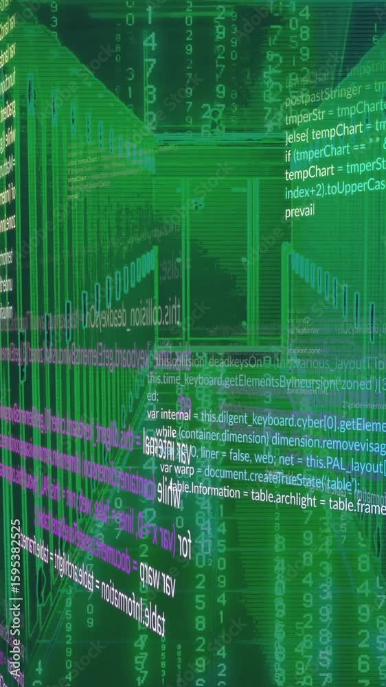 Poster animation of digital code and data streams flowing in green virtual environment