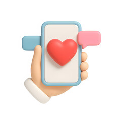 3d hand with phone and heart icon isolated on transparent background. love or connection concept