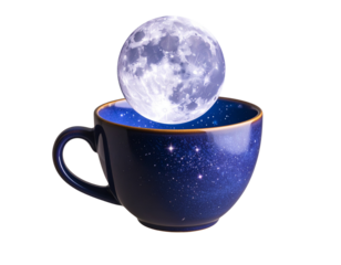 Floating Celestial Mug with Glowing Moon and Star Particles, 3D angle PNG