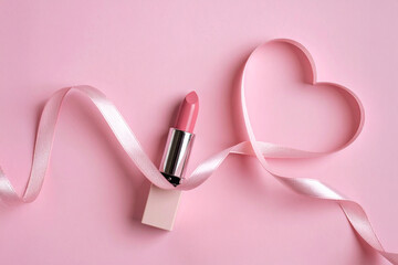 Creative photo of cosmetics makeup beauty products lipstick with ribbon in shape of heart valentine's day holiday celebration concept on white background.