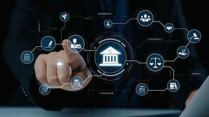 Futuristic digital law interface displaying justice scale, highlighting digital law, AI compliance,...