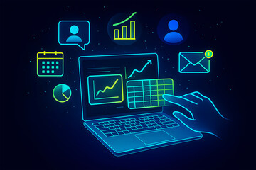 Digital Business Management: Laptop, Data, and Communication Icons