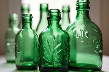 Closeup Emerald Green Recycled Glass Bottles Row Still Life Detail ai generated