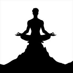 Black silhouette of a person meditating on a hill in white background