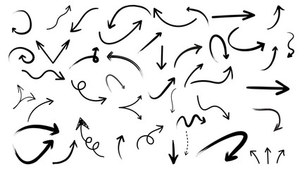 hand drawn Grunge arrow vector set. Black, sketchy, diverse shapes, directions for design, illustration. Straight, curly, circular arrows on white background