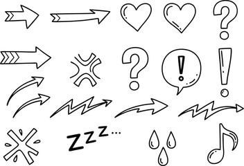 Collection of hand drawn doodle illustrations with arrows hearts question marks and exclamation points