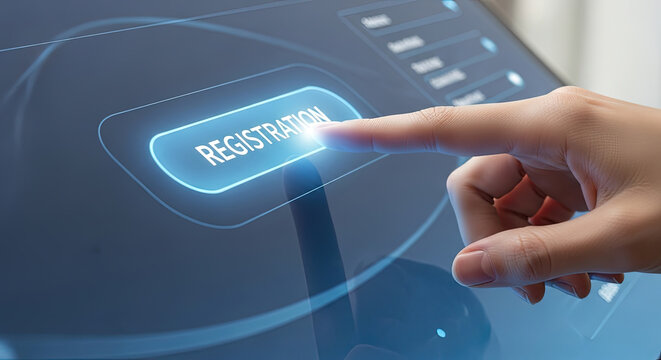 Finger Touching Registration Button on Digital Touchscreen Interface for Online Sign Up and Account Creation. Modern Technology and User Experience