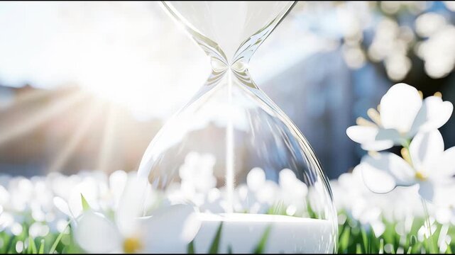 An hourglass filled with white sand sits among blooming white flowers in a sunlit garden. The scene conveys themes of time and nature.