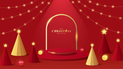 Merry christmas background. Podium Christmas. Red podium for product display presentation with christmas tree  ball and star. Stand product showcase on red background