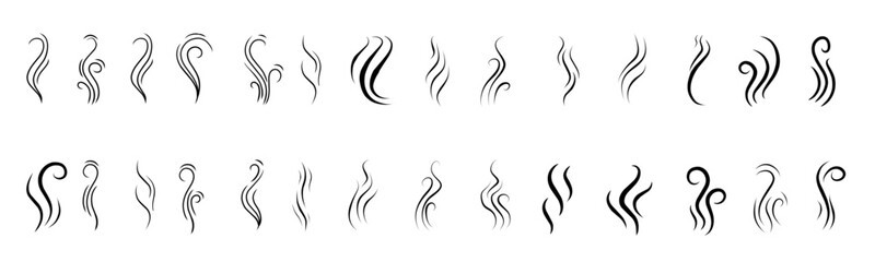 Smoke swirl icons, abstract steam symbols, curvy lines, flowing shapes, and minimalist design for smoke, heat, or vapor. Perfect for logos, patterns, or decorative elements vector silhouette