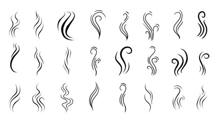 Smoke swirl icons, abstract steam symbols, curvy lines, flowing shapes, and minimalist design for smoke, heat, or vapor. Perfect for logos, patterns, or decorative elements vector silhouette