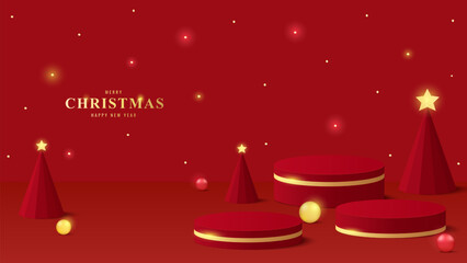 Merry christmas background. Podium Christmas. Red podium for product display presentation with christmas tree  ball and star. Stand product showcase on red background