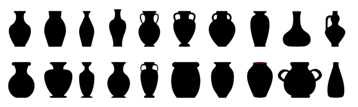vase silhouette set, vase vector collection, diverse vase designs, ancient, ceramic, potter, amphora, . Ideal for interior design, art decor, elegant visuals