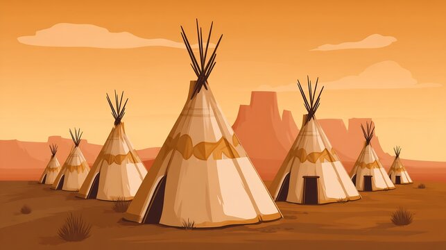 Cartoon depiction of Native American tipis in a desert landscape at sunset