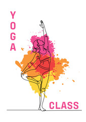 Vibrant yoga class studio poster template with a continuous line art vector illustration and pink and orange color splashes for themes to yoga, meditation, wellness, beauty, and spiritual concepts.