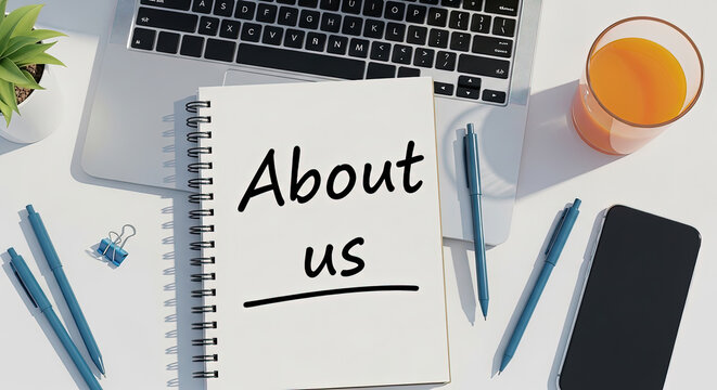 Modern Workspace: Laptop, Notepad with 'About Us', Smartphone, Orange Juice. Ideal for Business, Team Introduction, and Company Profile Concepts.