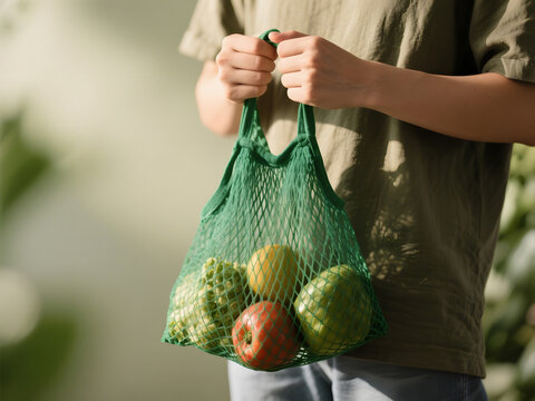 Close-up of person holding green mesh grocery bag with fresh vegetables in soft daylight and minimal eco-friendly lifestyle setting