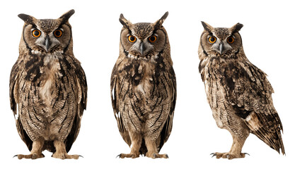 Great Horned Owl in Multiple Poses on Transparent Background for Wildlife Education, Conservation Campaigns, and Nature Publications