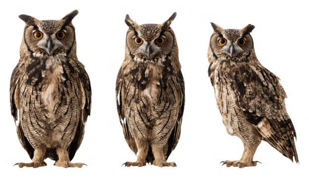 Great Horned Owl in Multiple Poses on Transparent Background for Wildlife Education, Conservation Campaigns, and Nature Publications