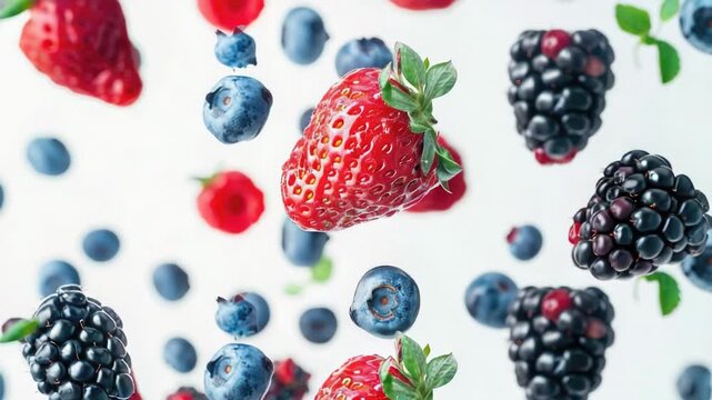 A burst of fresh fruit flying through the air, perfect for use in food or nature-themed illustrations