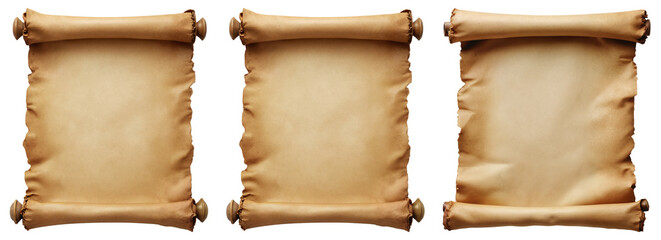 Ancient Parchment Scrolls Collection – Set of Three Vintage Paper Manuscripts with Wooden Rollers for Graphic Design, Game Assets, and Historical Illustrations on Transparent Background