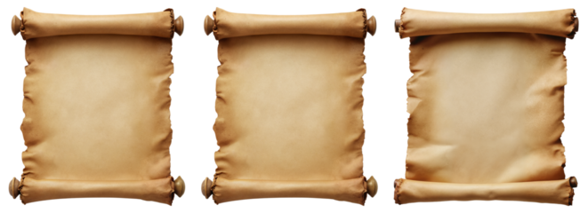 Ancient Parchment Scrolls Collection – Set of Three Vintage Paper Manuscripts with Wooden Rollers for Graphic Design, Game Assets, and Historical Illustrations on Transparent Background