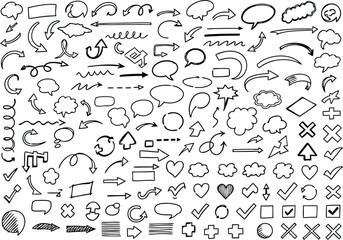 Hand drawn doodle elements collection featuring arrows speech bubbles and symbols