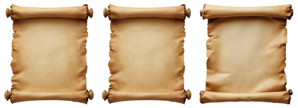 Ancient Parchment Scrolls Collection – Set of Three Vintage Paper Manuscripts with Wooden Rollers for Graphic Design, Game Assets, and Historical Illustrations on Transparent Background
