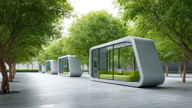 Futuristic Office Pods in Green Ecological Environment