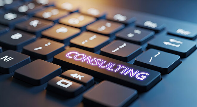 Consulting Services Keyboard Key: Business Strategy, Expert Advice and Solutions for Growth, Success, and Innovation in the Digital Age Era
