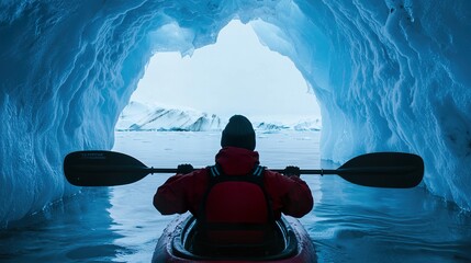 Person kayaking through an ice cave, adventurous, unique, cold environment,
