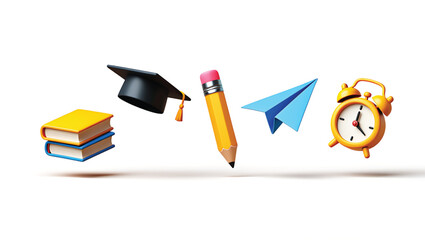 Stack of books graduation cap pencil paper airplane and alarm clock education learning