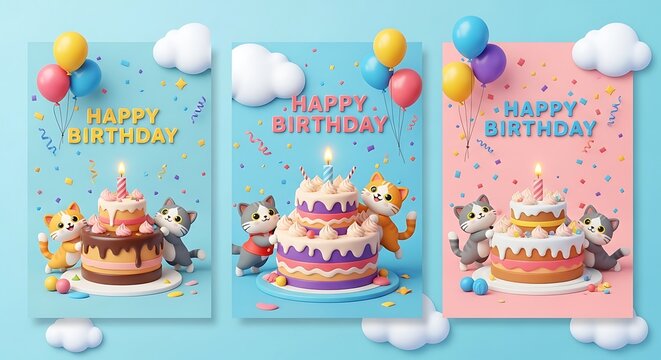 Happy Birthday Celebration: Three Playful Cats and Delicious Cakes in Vibrant Colors