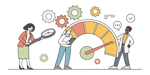 Business Optimization Concept Vector, Diverse Team Analyzing Performance Meter with Data and Gears