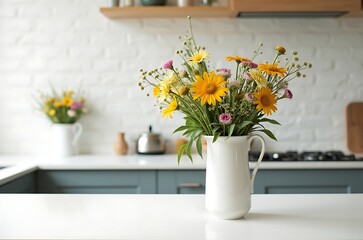 Bright Summer Kitchen Interior Fresh Yellow Flower Bouquet on Countertop ai generated